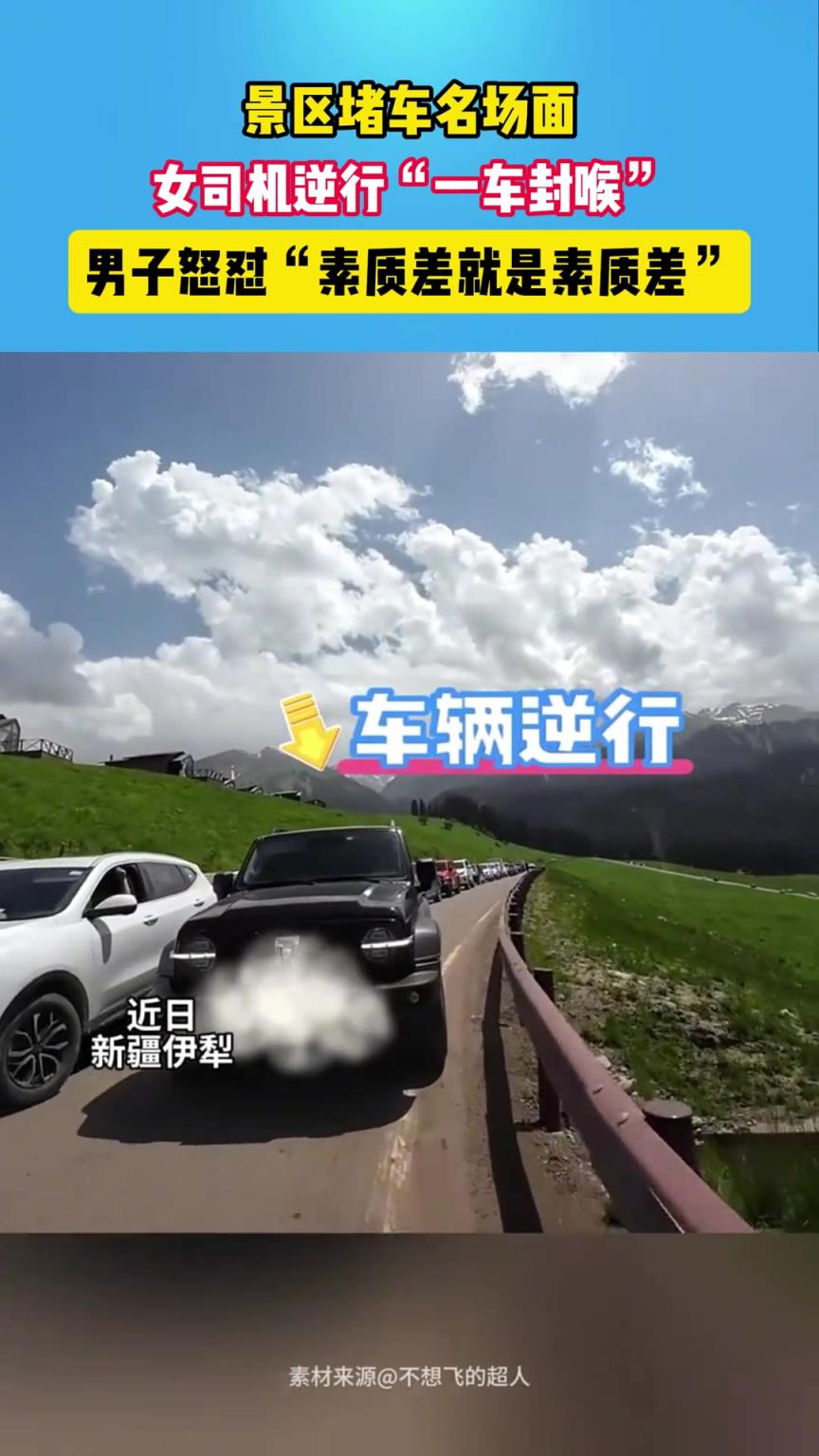 景区堵车名场面 女司机逆行“一车封喉” 男子怒怼素质差....
