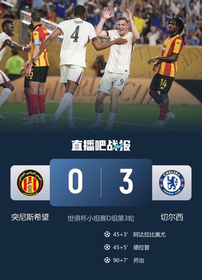 切尔西3-0突尼斯希望 小组第二出线将战本菲卡 恩佐2分钟助攻双响
