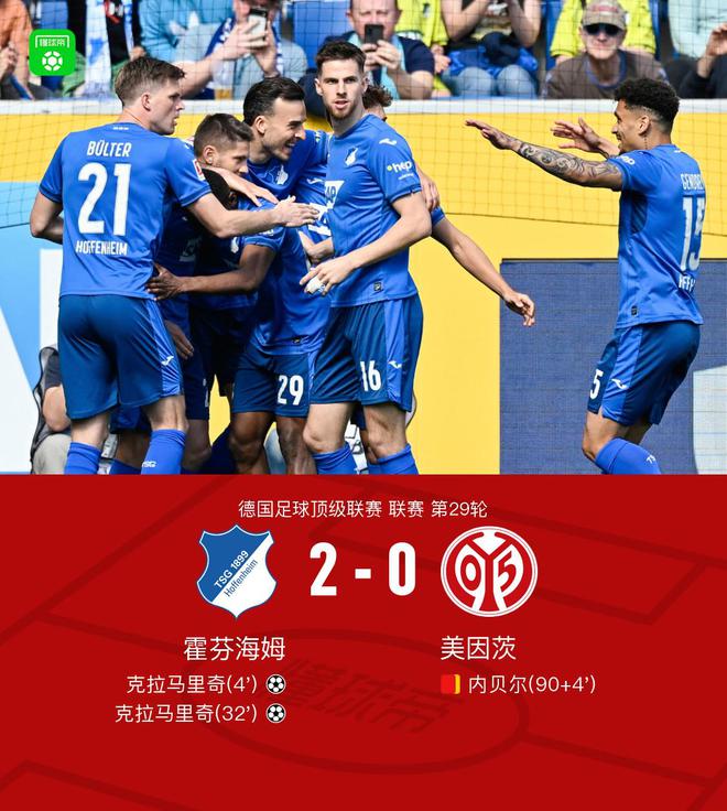 霍芬海姆2-0美因茨，克拉马里奇双响，内贝尔染红