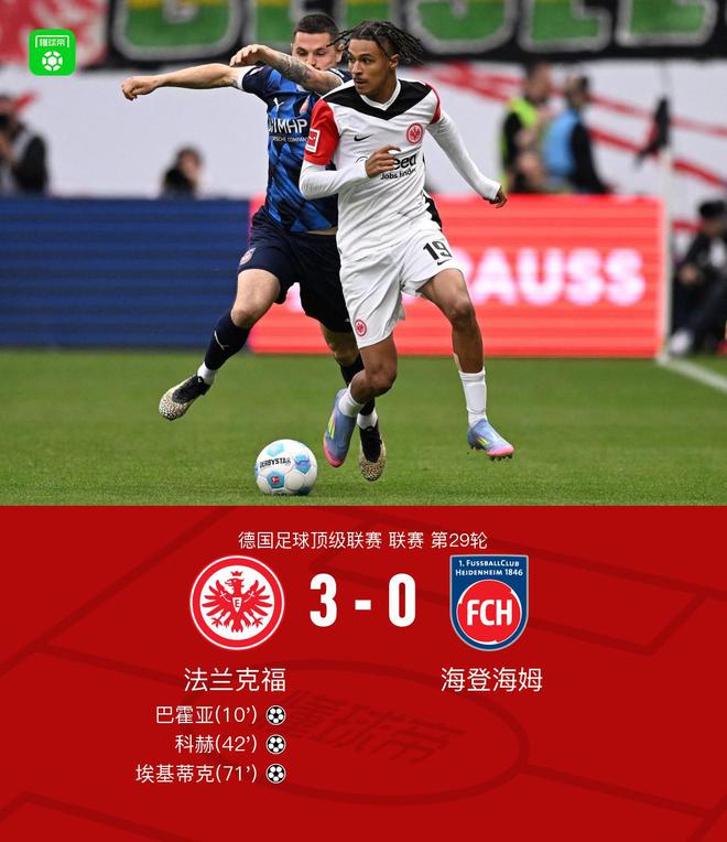法兰克福3-0海登海姆，埃基蒂克传射，巴霍亚、科赫破门