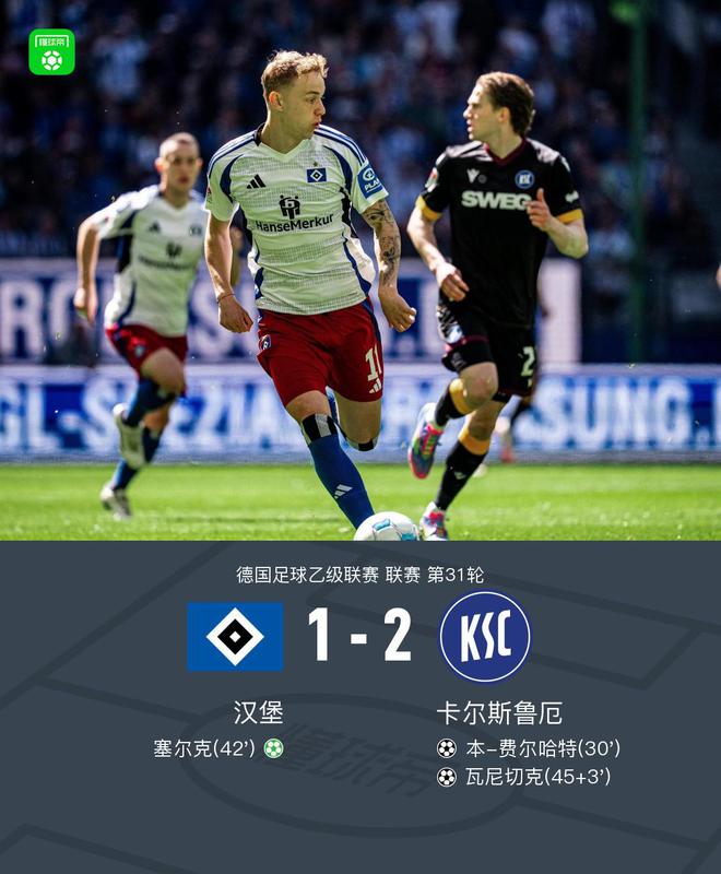 汉堡1-2卡尔斯鲁厄遭3轮不胜，瓦尼切克建功，费尔哈特破门