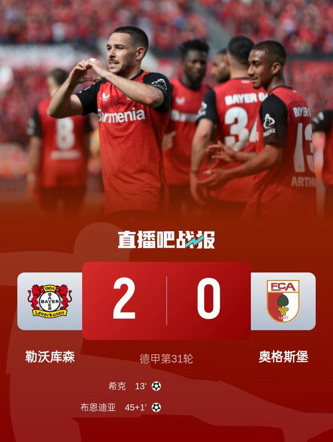 近3輪首勝！勒沃庫(kù)森2-0奧格斯堡距榜首8分 ?？似崎T(mén)布恩迪亞建功