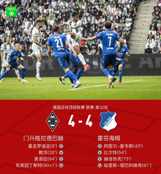 门兴4-4霍芬海姆，克拉马里奇助攻戴帽，克莱因丁斯特绝平