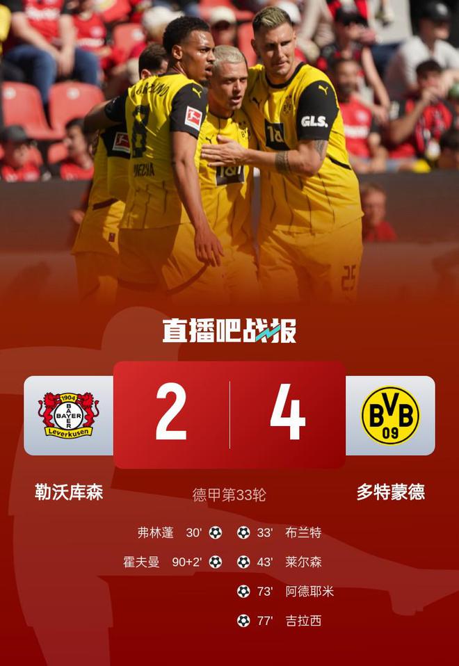 距欧冠区1分！多特4-2药厂取四连胜 布兰特、阿德耶米互送传射