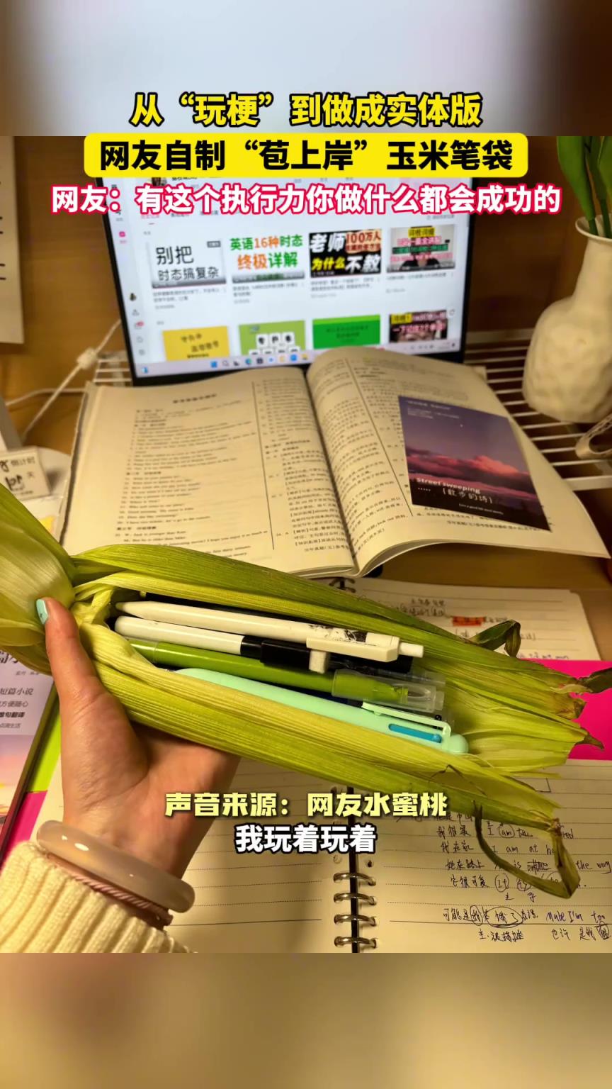 从“玩梗”到做成实体版，网友自制“苞上岸”玉米笔袋。
