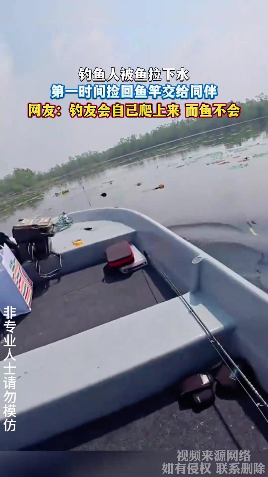 钓鱼人被鱼拉下水，第一时间捡回鱼竿交给同伴