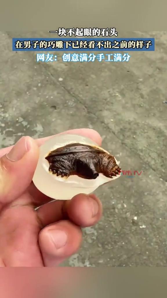 一块不起眼的石头，在男子的巧雕下已经看不出之前的样子。