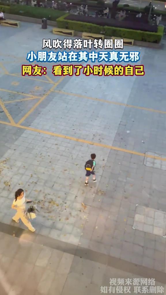风吹得落叶转圈圈 小朋友站在其中天真无邪