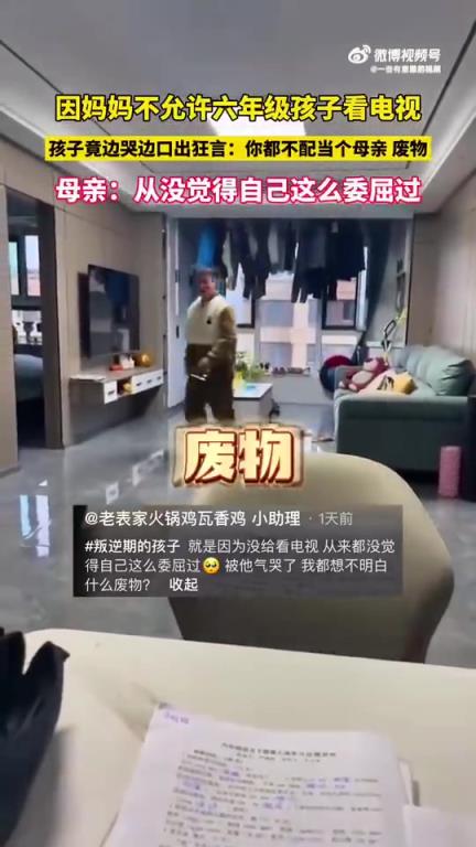 六年级孩子因看电视被拒，对妈妈口出狂言：你不配当妈