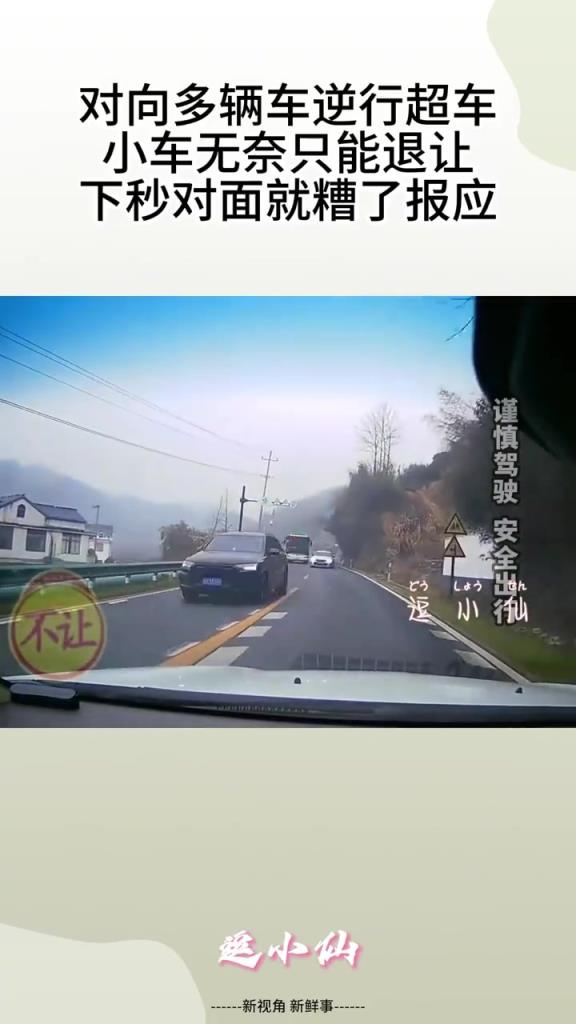 對(duì)向多輛車逆行超車，小車無(wú)奈只能退讓，下秒對(duì)面就遭了報(bào)應(yīng)