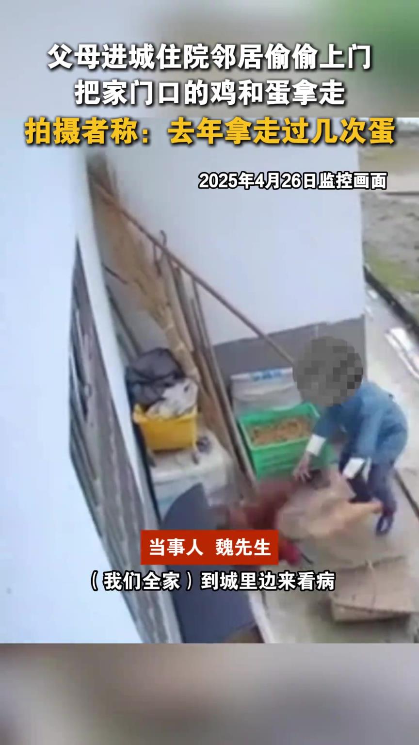 父母进城住院了，翻监控看到邻居偷偷上门，把家门口的鸡和蛋拿走