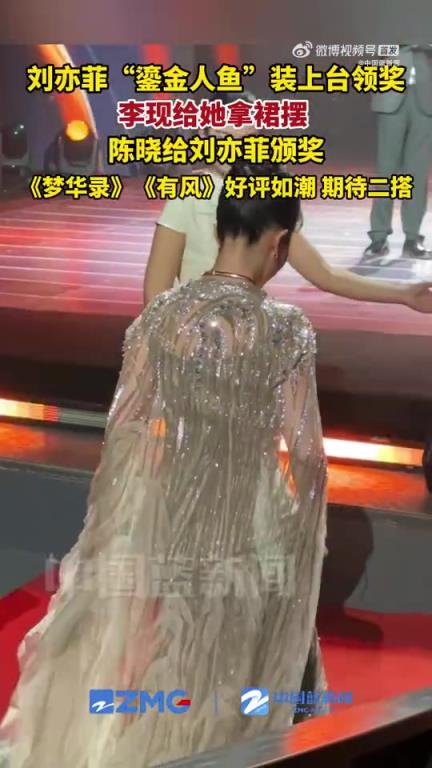 这可是刘亦菲！李现绅士为其整理裙摆，陈晓为其颁奖