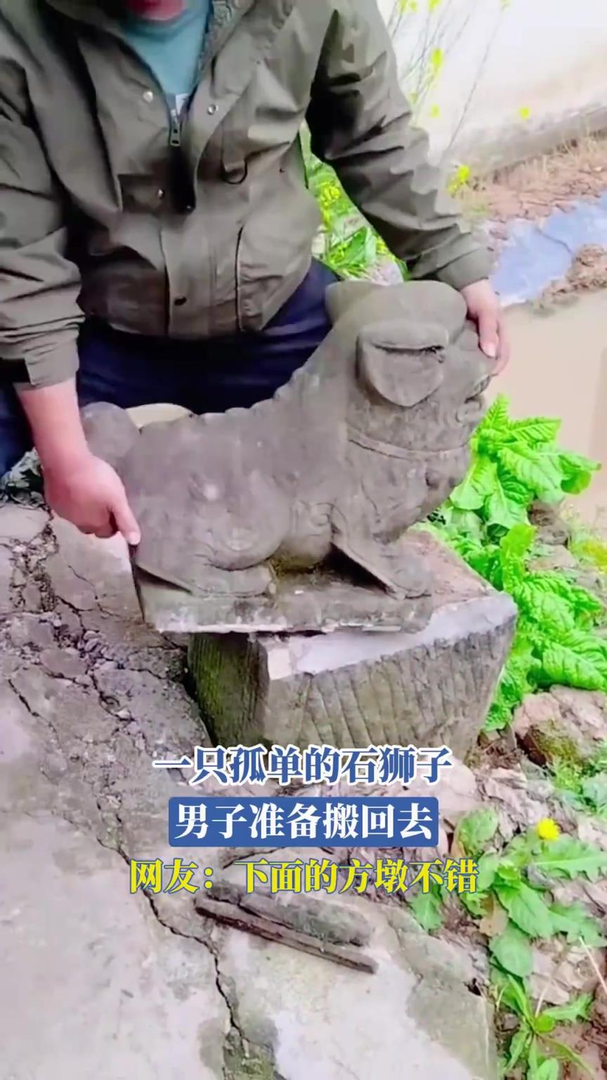 一只孤单的石狮子，男子准备搬回去，网友：下面的方墩不错