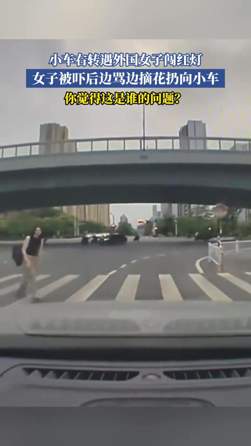 小車右轉(zhuǎn)遇外國(guó)女子闖紅燈，女子被嚇后邊罵邊摘花扔向小車