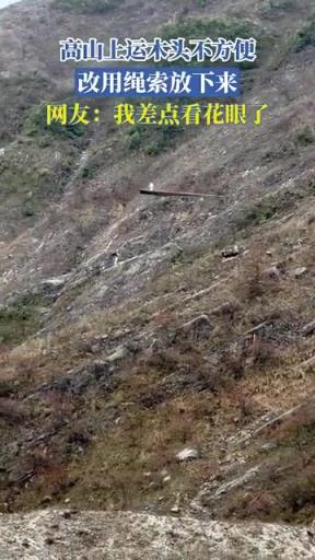 高山上运木头不方便，改用绳索放下来，网友：我差点看花眼了