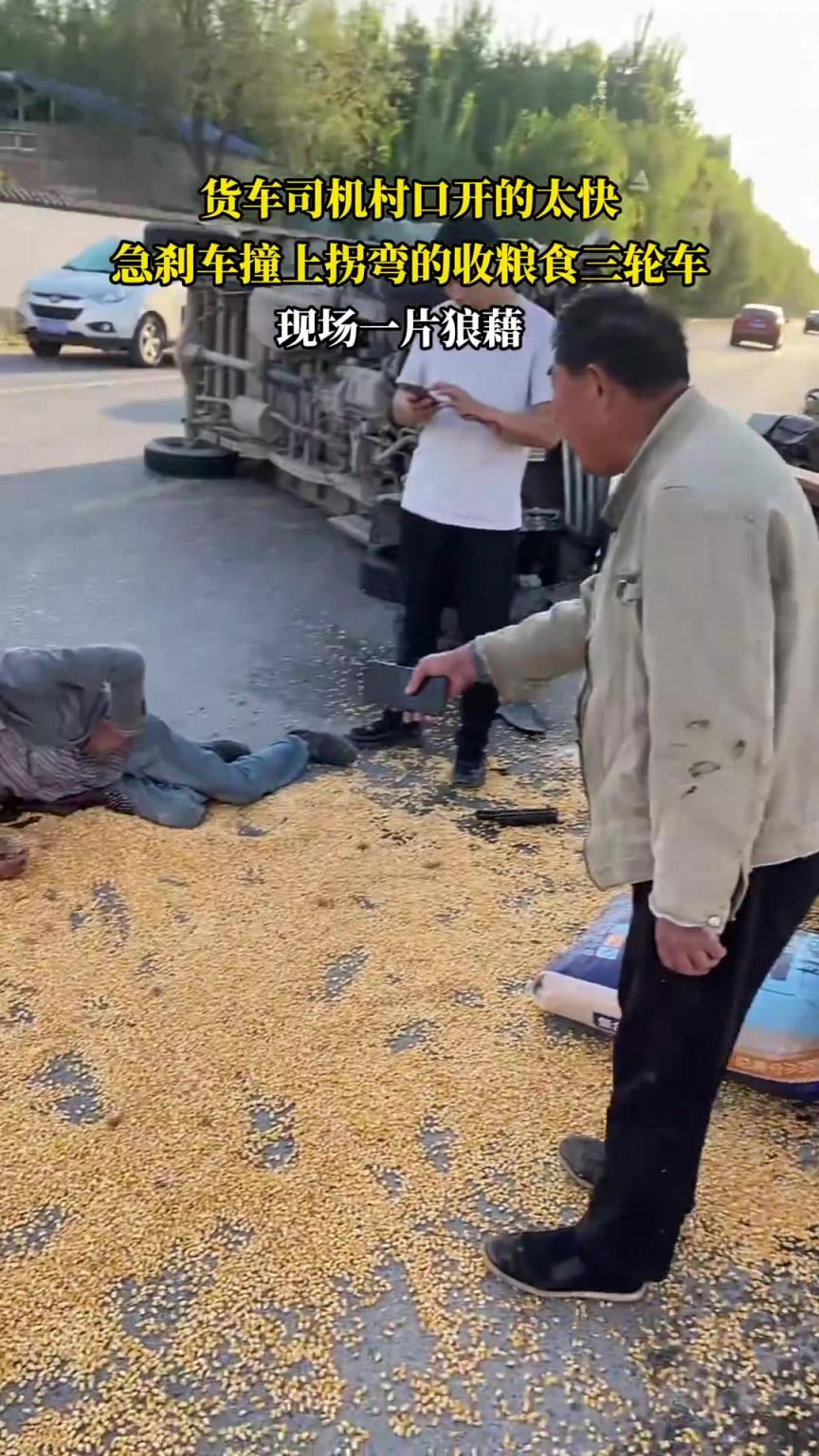 货车司机村口开的太快，急刹车撞上拐弯的收粮食三轮车