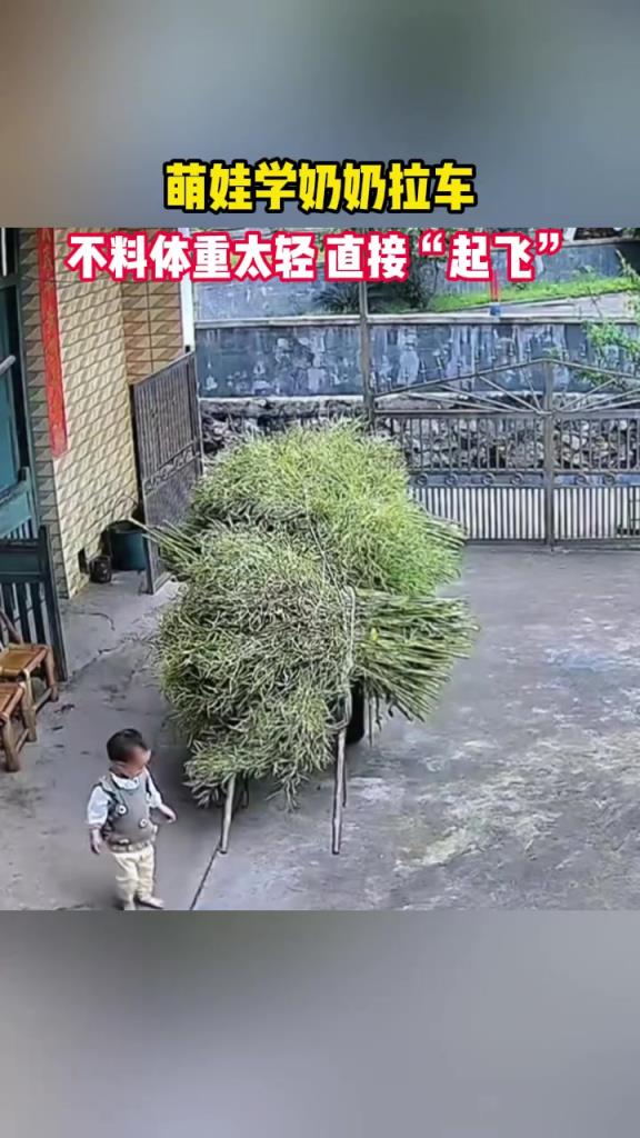 萌娃学奶奶拉车，不料体重太轻，直接“起飞”！