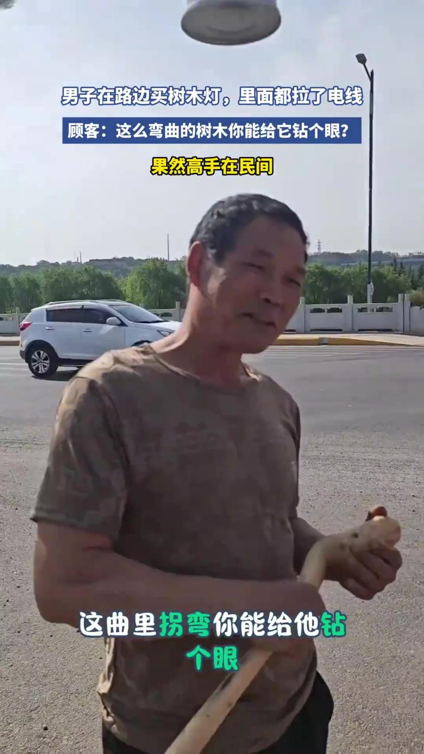 男子在路邊買樹木燈，里面都拉了電線