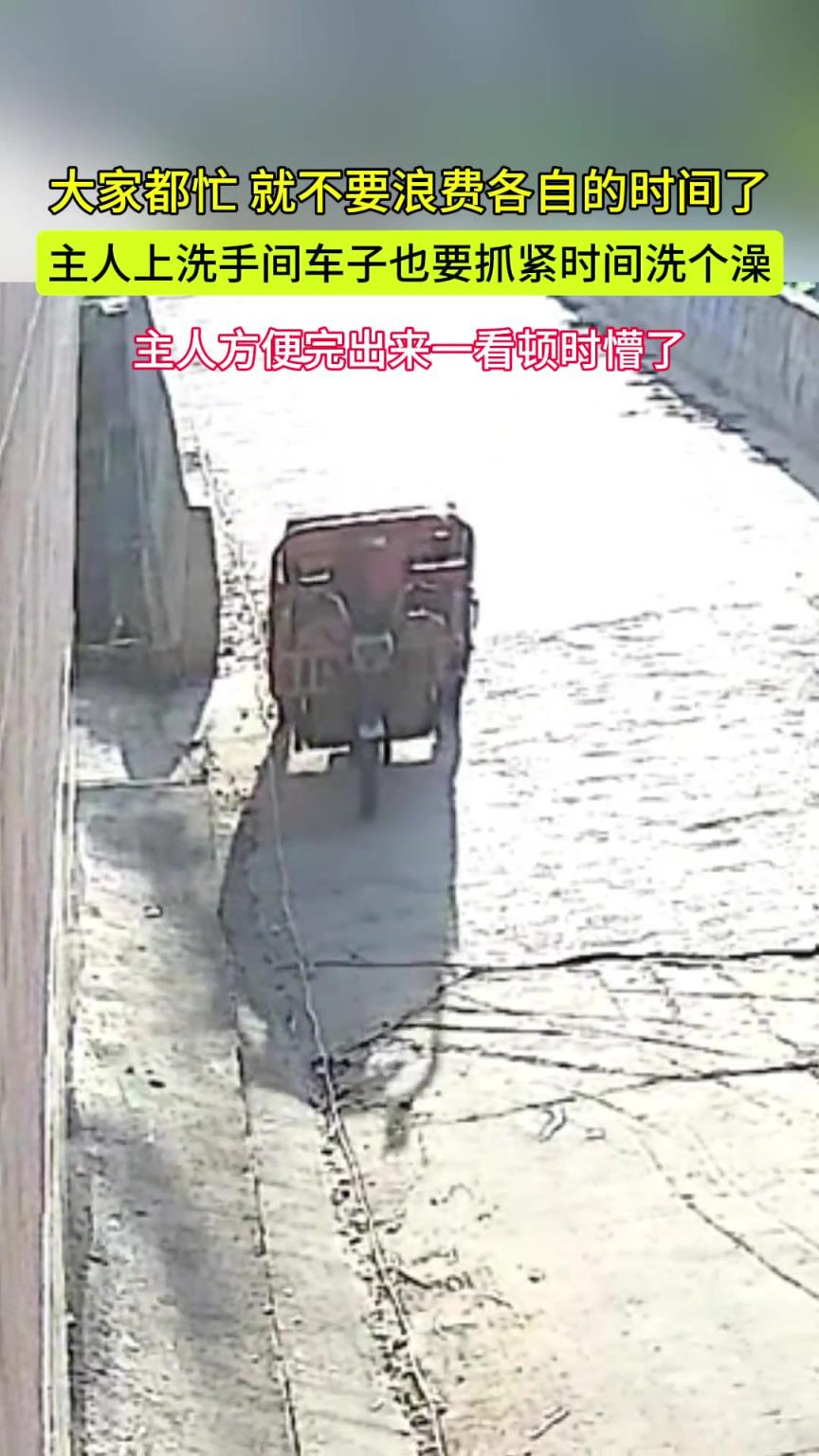 主人下車方便 三輪車也要抓緊時間洗個澡