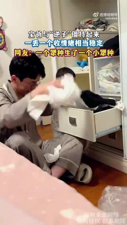 宝爸与“逆子”僵持，双方丢收动作情绪超稳