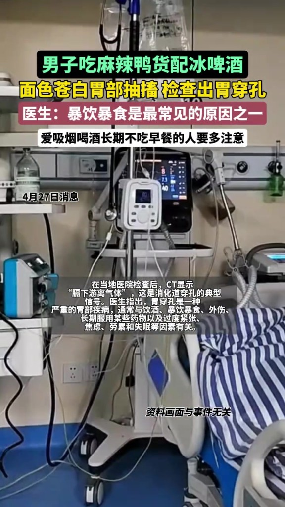 男子吃麻辣鴨貨喝冰啤致胃穿孔進急診，暴飲暴食需警惕！