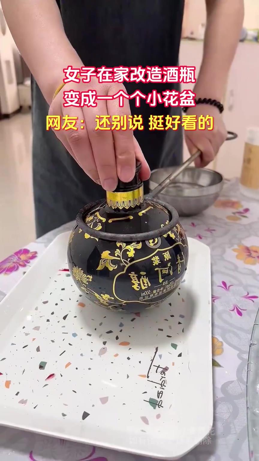 女子在家改造酒瓶，变成一个个小花盆，网友：还别说 挺好看的