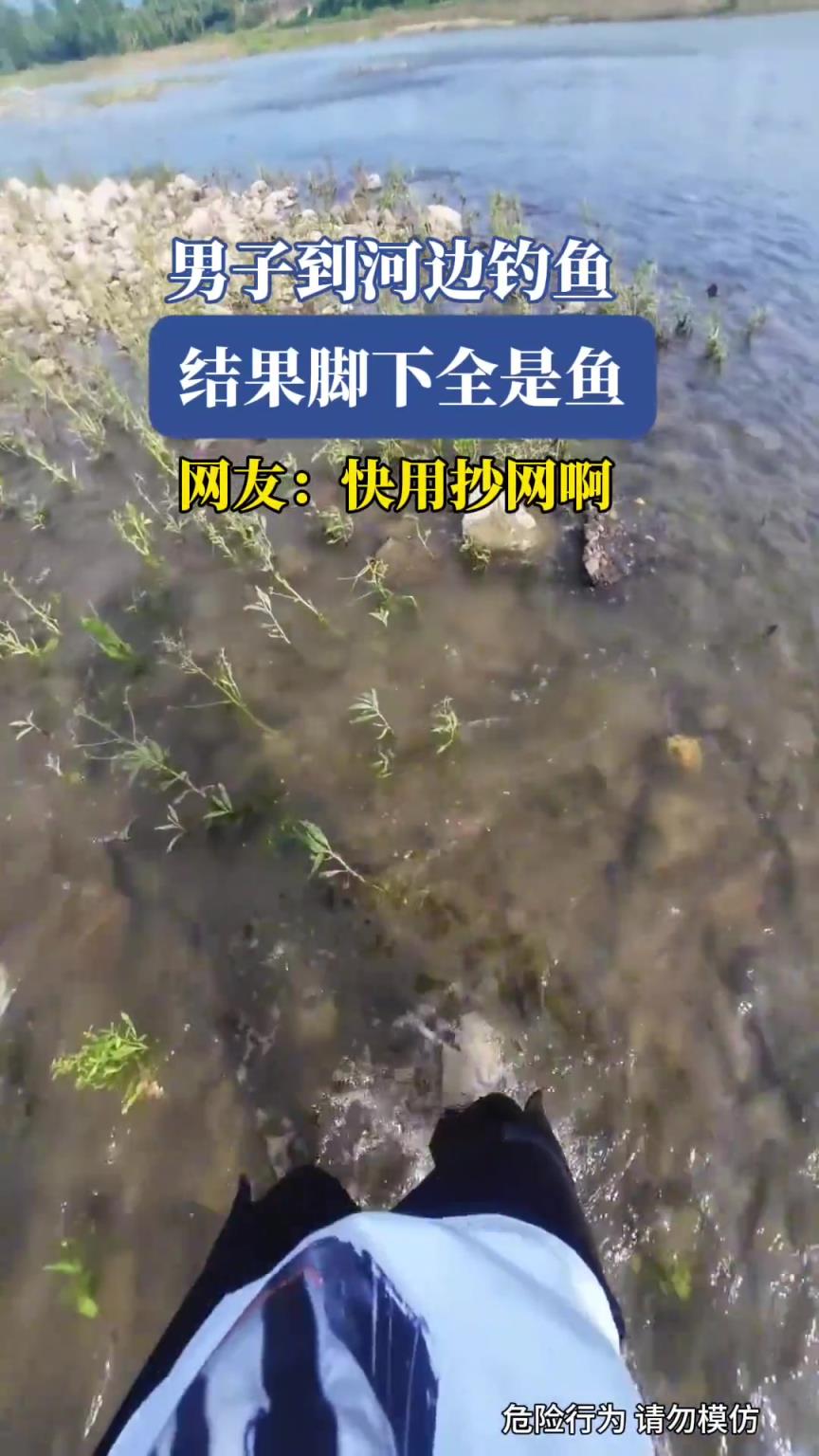 男子到河边钓鱼，结果脚下全是鱼