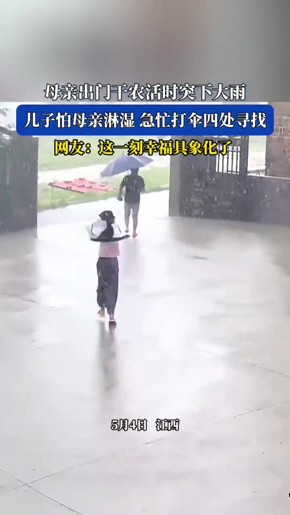 母親出門干農(nóng)活時(shí)突下大雨 兒子怕母親淋濕 急忙打傘四處尋找
