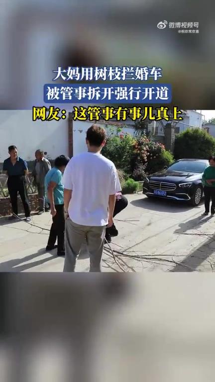 大妈用树枝拦婚车，被管事拆开强行开道，网友：这管事有事儿真上