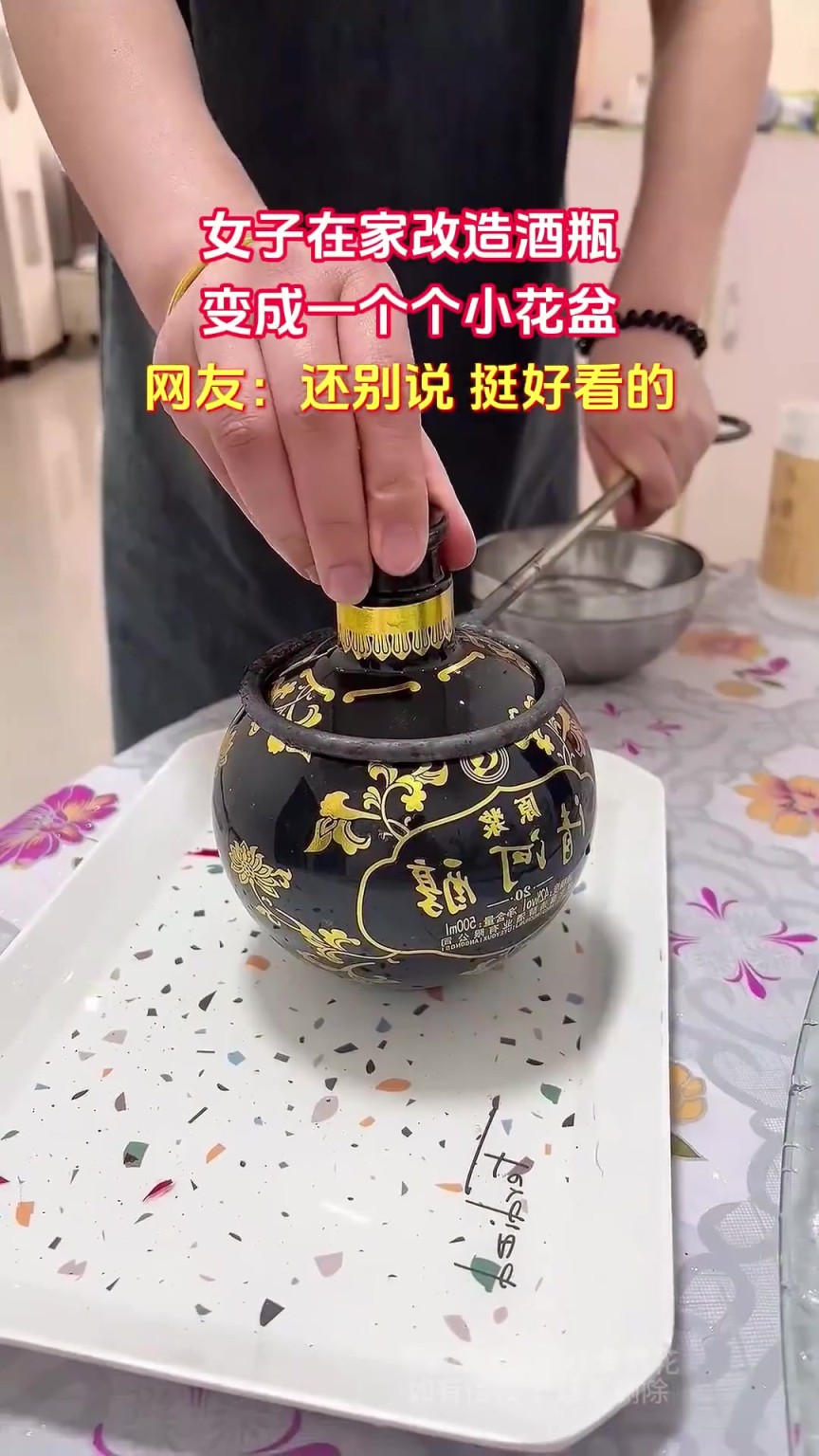 女子在家改造酒瓶，變成一個個小花盆，網(wǎng)友：還別說 挺好看的