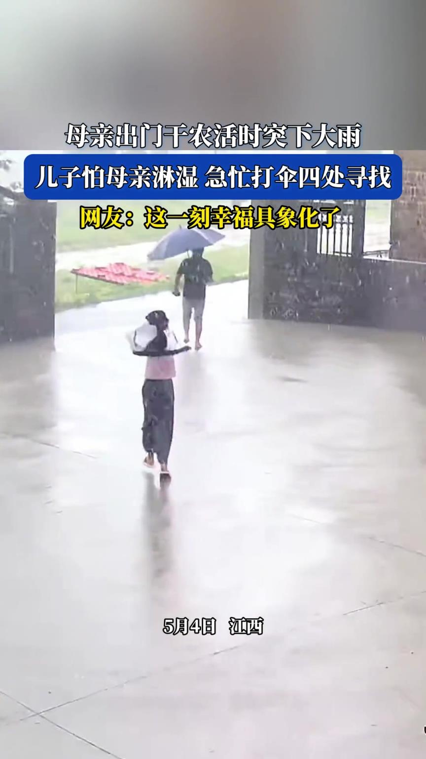 母親出門干農(nóng)活時突下大雨，兒子怕母親淋濕，急忙打傘四處尋找