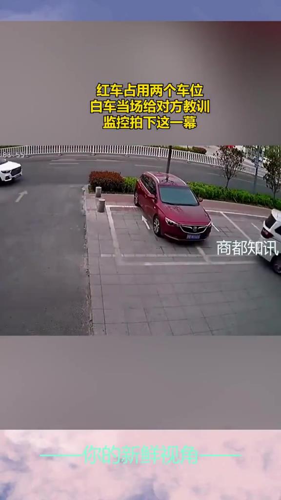 红车占用两个车位，白车当场给对方教训，监控拍下这一幕