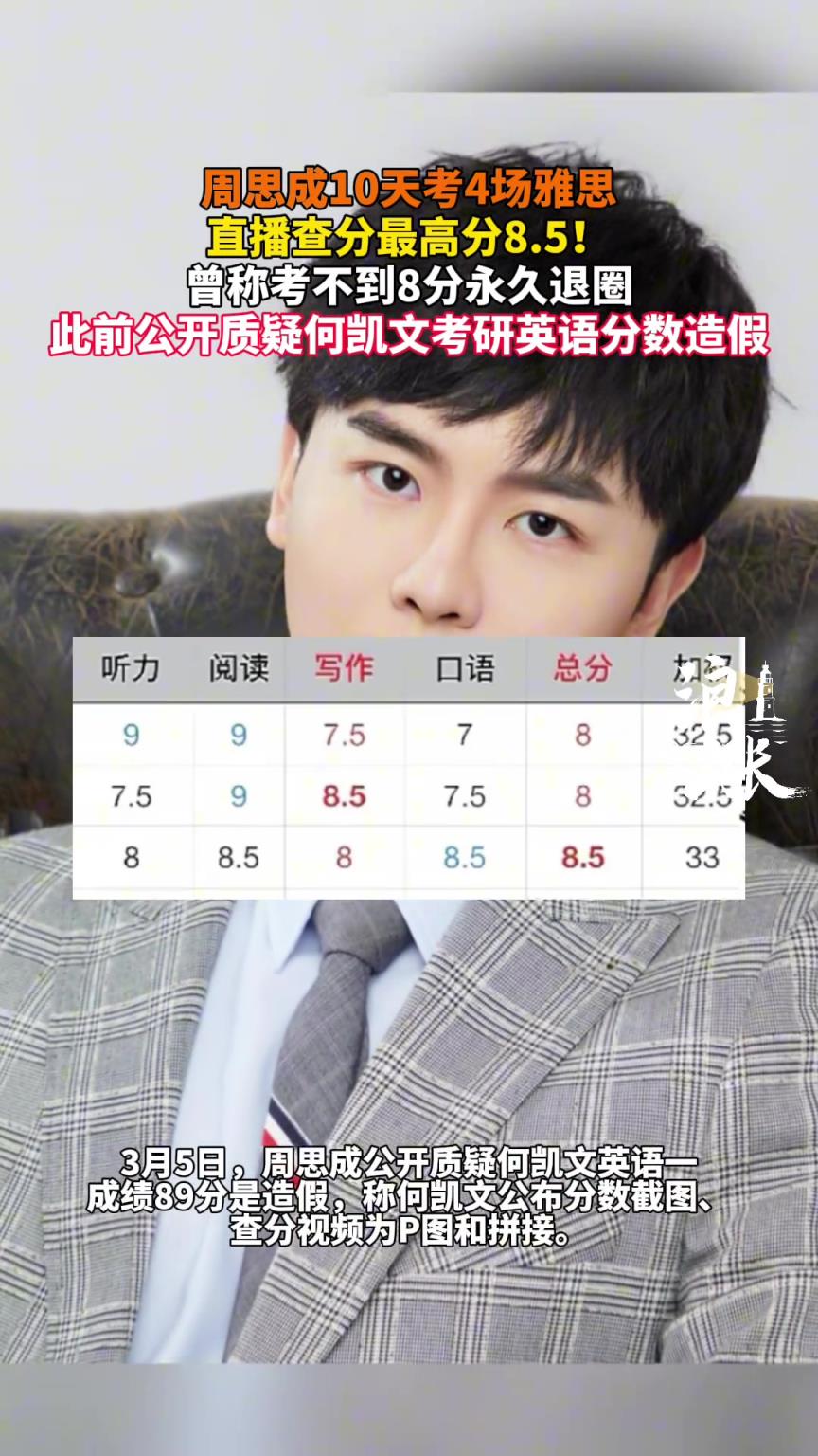 周思成10天考4场雅思 直播查分最高分8.5！