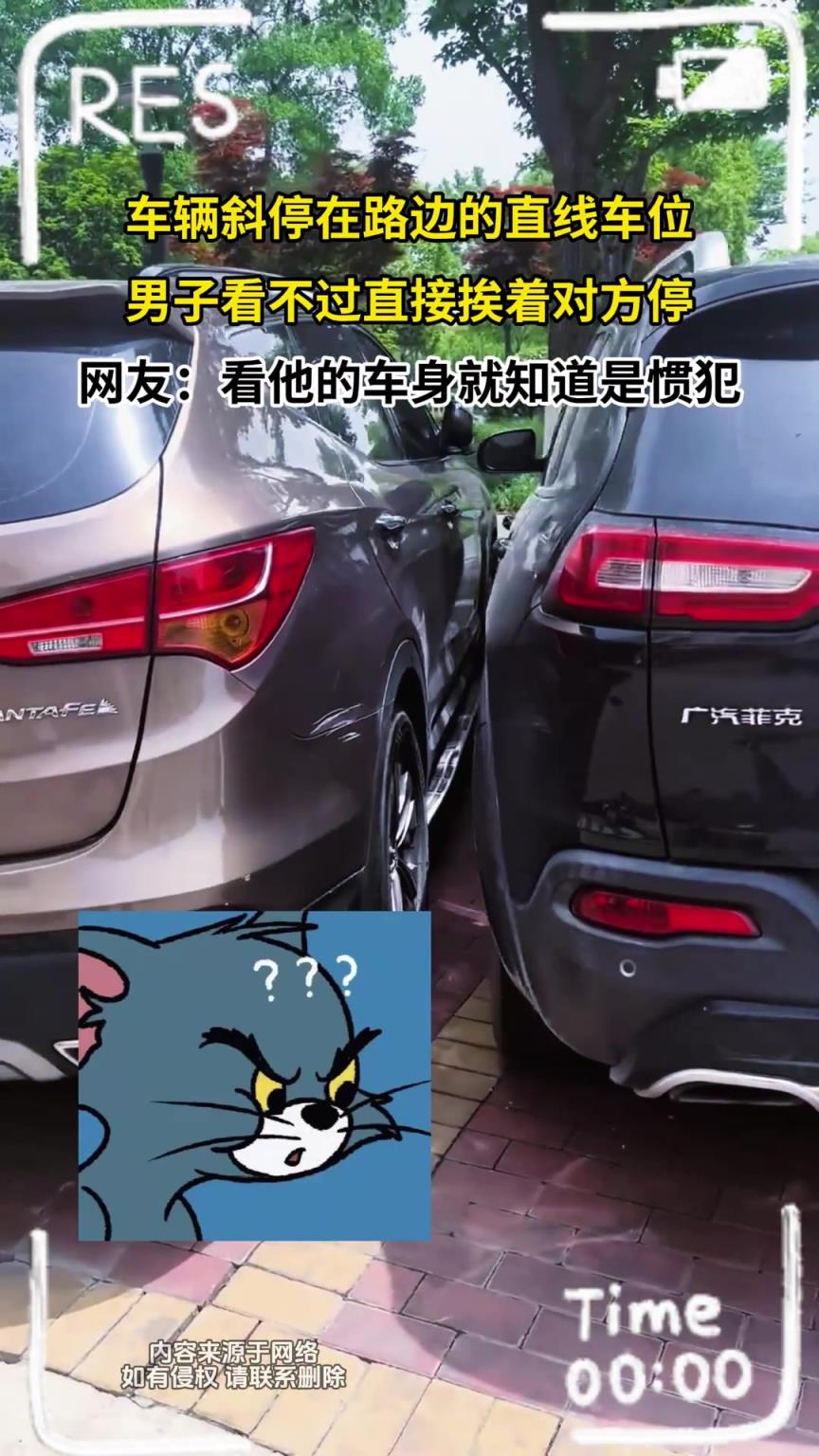 車輛斜停在路邊的直線車位，男子看不過直接挨著對方停