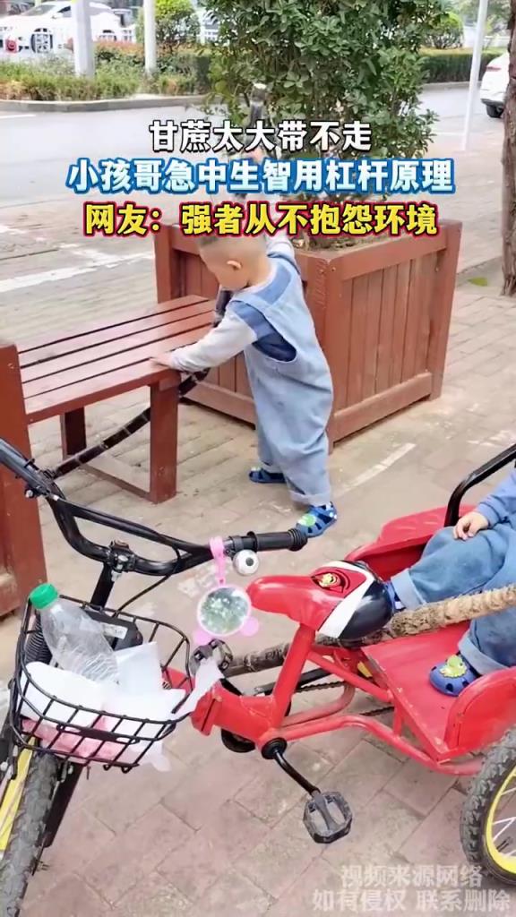 小孩巧用杠桿原理帶甘蔗，網友贊其天才！
