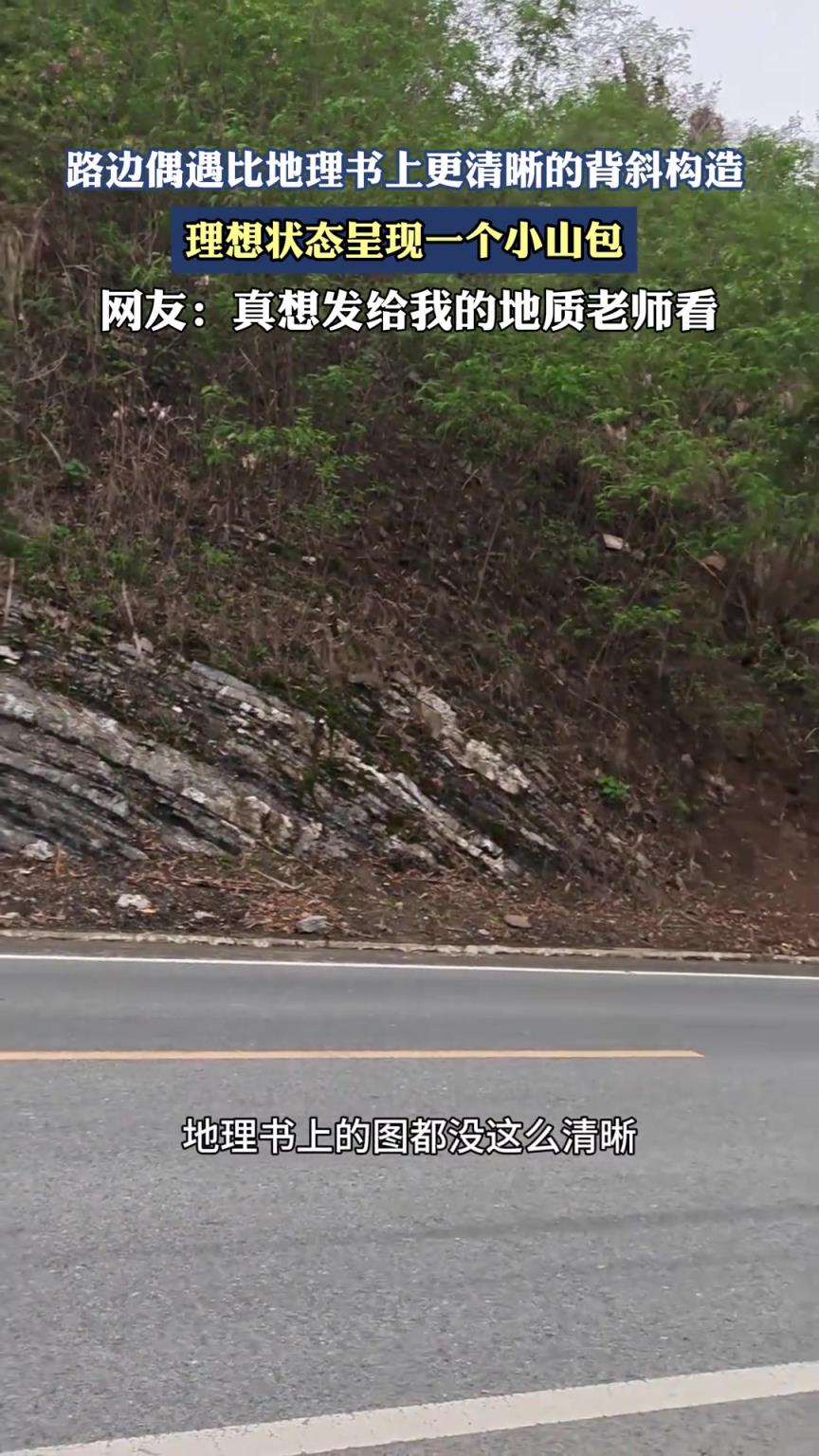 路邊偶遇比地理書上更清晰的背斜構造，理想狀態(tài)呈現(xiàn)一個小山包