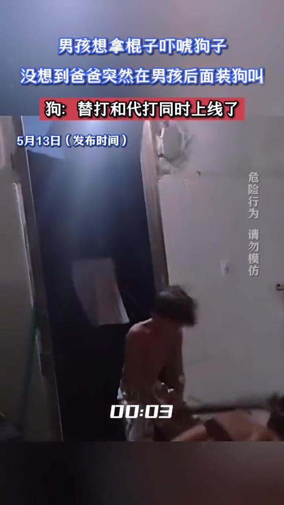 男孩想拿棍子吓唬狗子,没想到爸爸突然在男孩后面装狗叫!