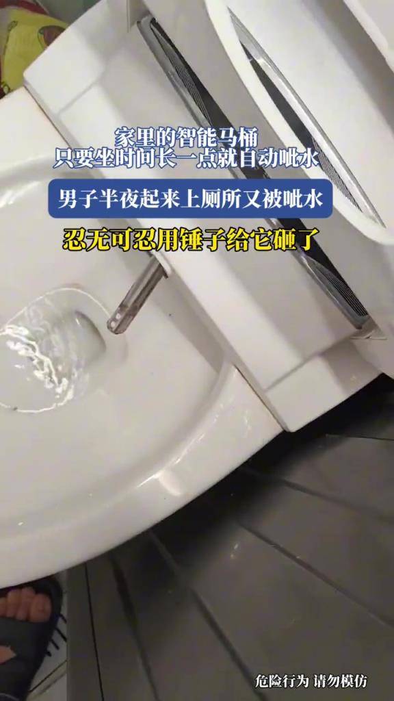 家里智能马桶老是自动呲水,男子忍无可忍用锤子把它砸了!