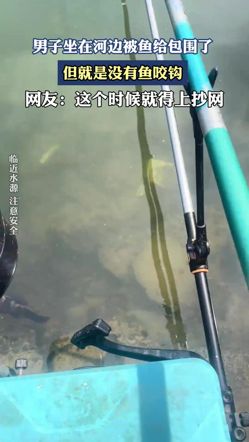 男子坐在河边被鱼给包围了，但就是没有鱼咬钩