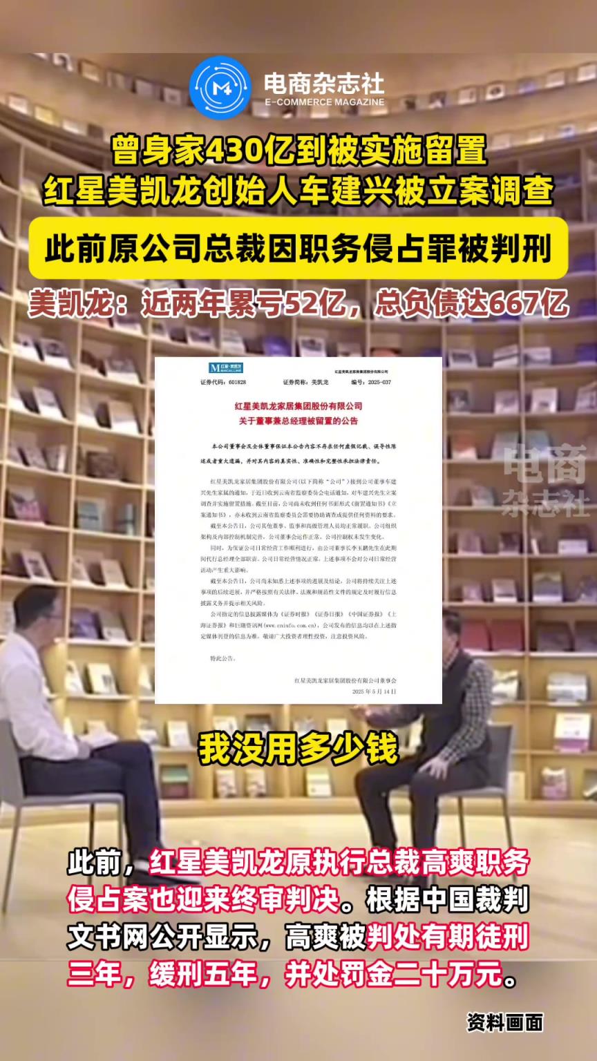兩年虧損超50億后，紅星美凱龍創(chuàng)始人車建興被立案調(diào)查并留置。