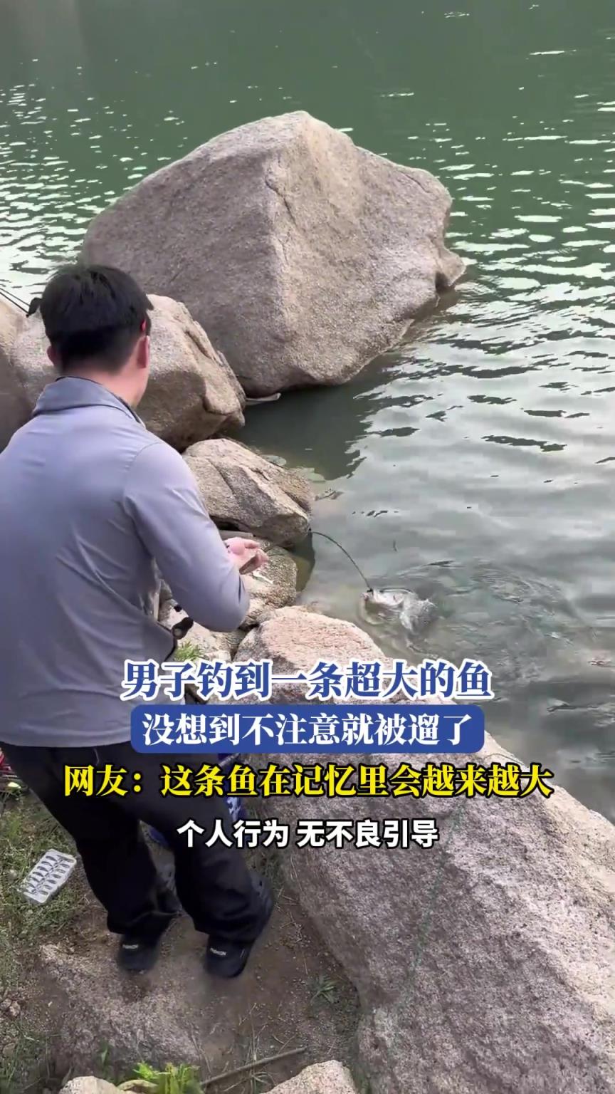 男子钓到一条超大的鱼，没想到不注意就被溜了！