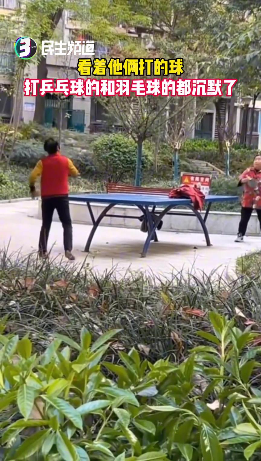 看這兩個大媽打乒乓球，打羽毛球的人都沉默了...