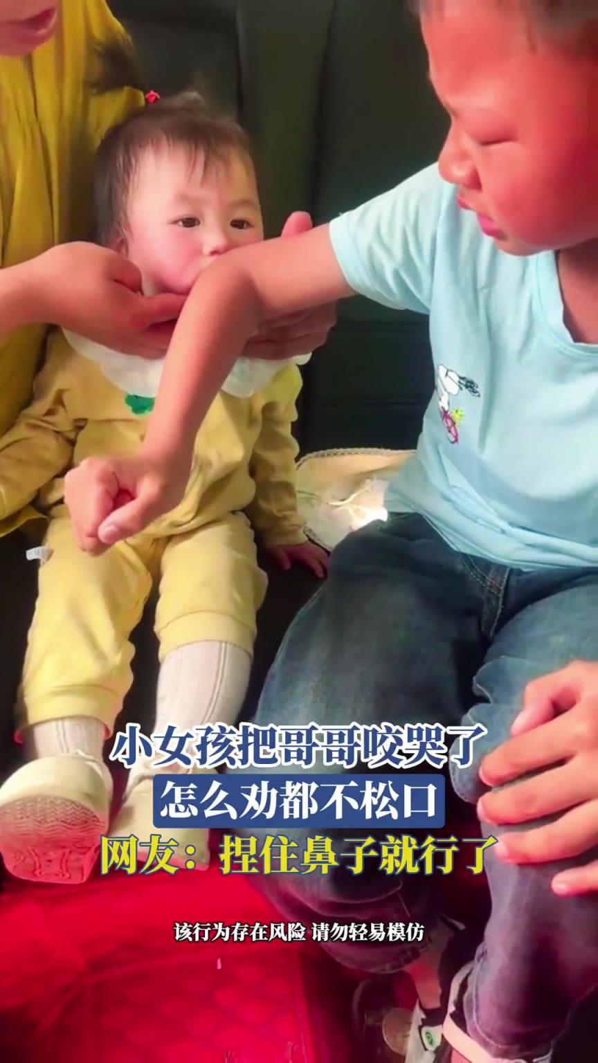 小女孩把哥哥咬哭了，怎么劝都不松口，网友：捏住鼻子就行了！