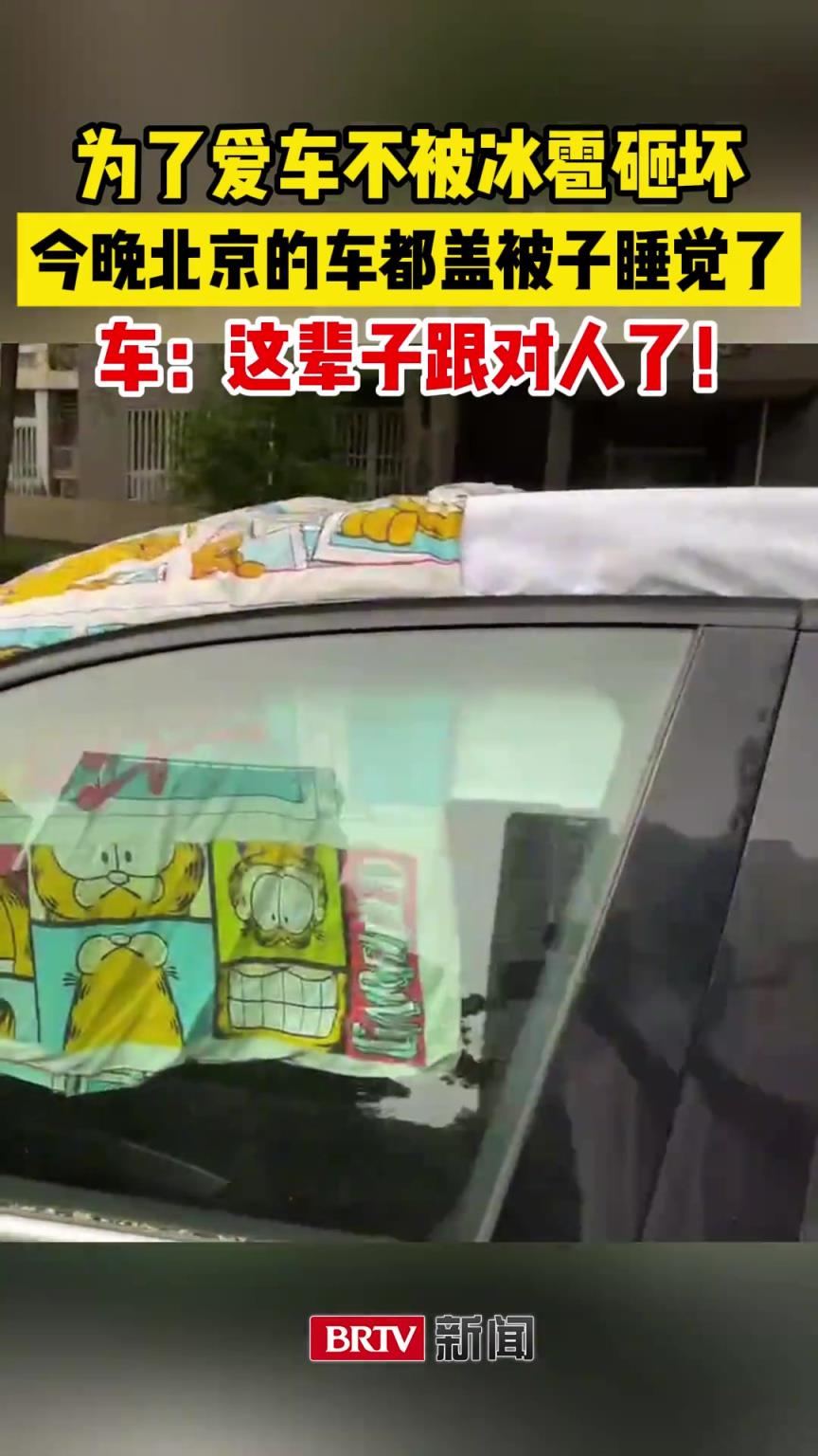 为了爱车不被冰雹砸坏，今晚北京的车都盖被子睡觉了！