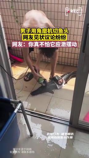 男子用角磨机切鱼头，网友：不怕它动吗？