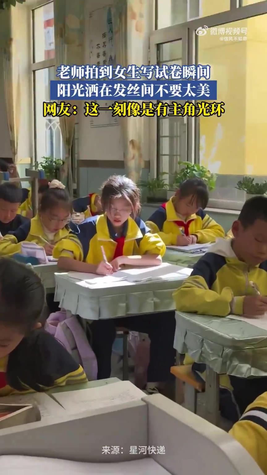 老師抓拍到女生寫試卷瞬間，陽光灑發(fā)絲間美如畫
