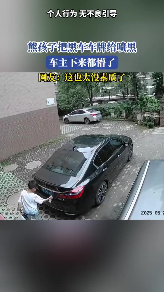 熊孩子把黑车车牌给喷黑,车主下来都懵了!太没素质了!