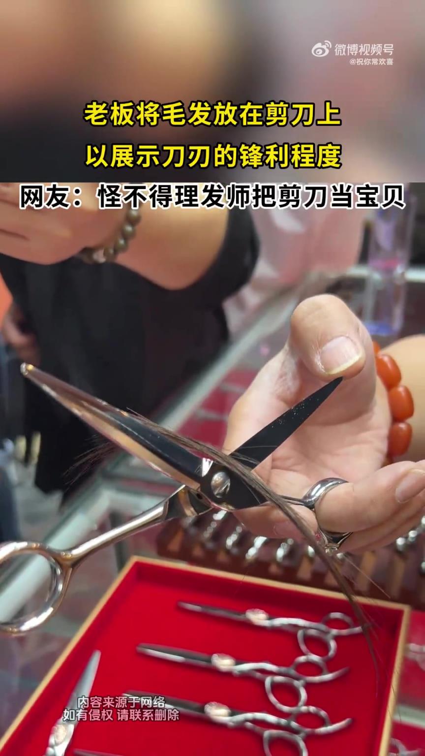 老板将毛发放在剪刀上，以展示刀刃的锋利程度！！