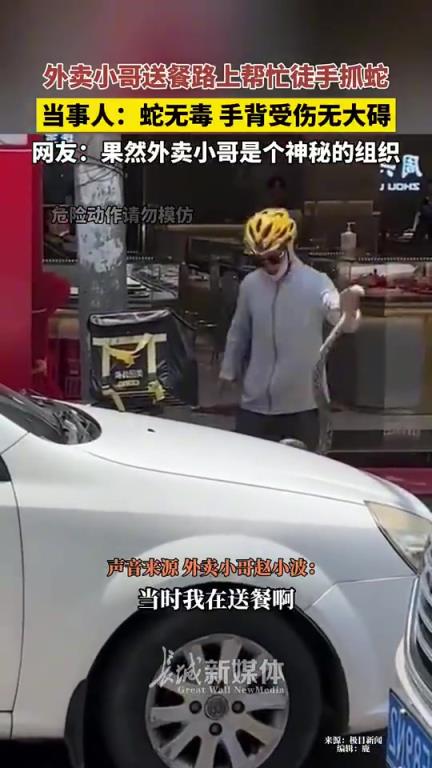 外卖小哥送餐路上帮忙徒手抓蛇，当事人：蛇无毒，手背受伤无大碍