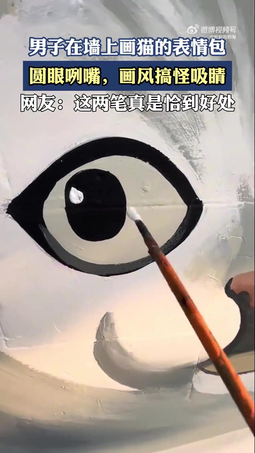 男子在墙上画猫的表情包，圆眼咧嘴，画风搞怪吸睛！！